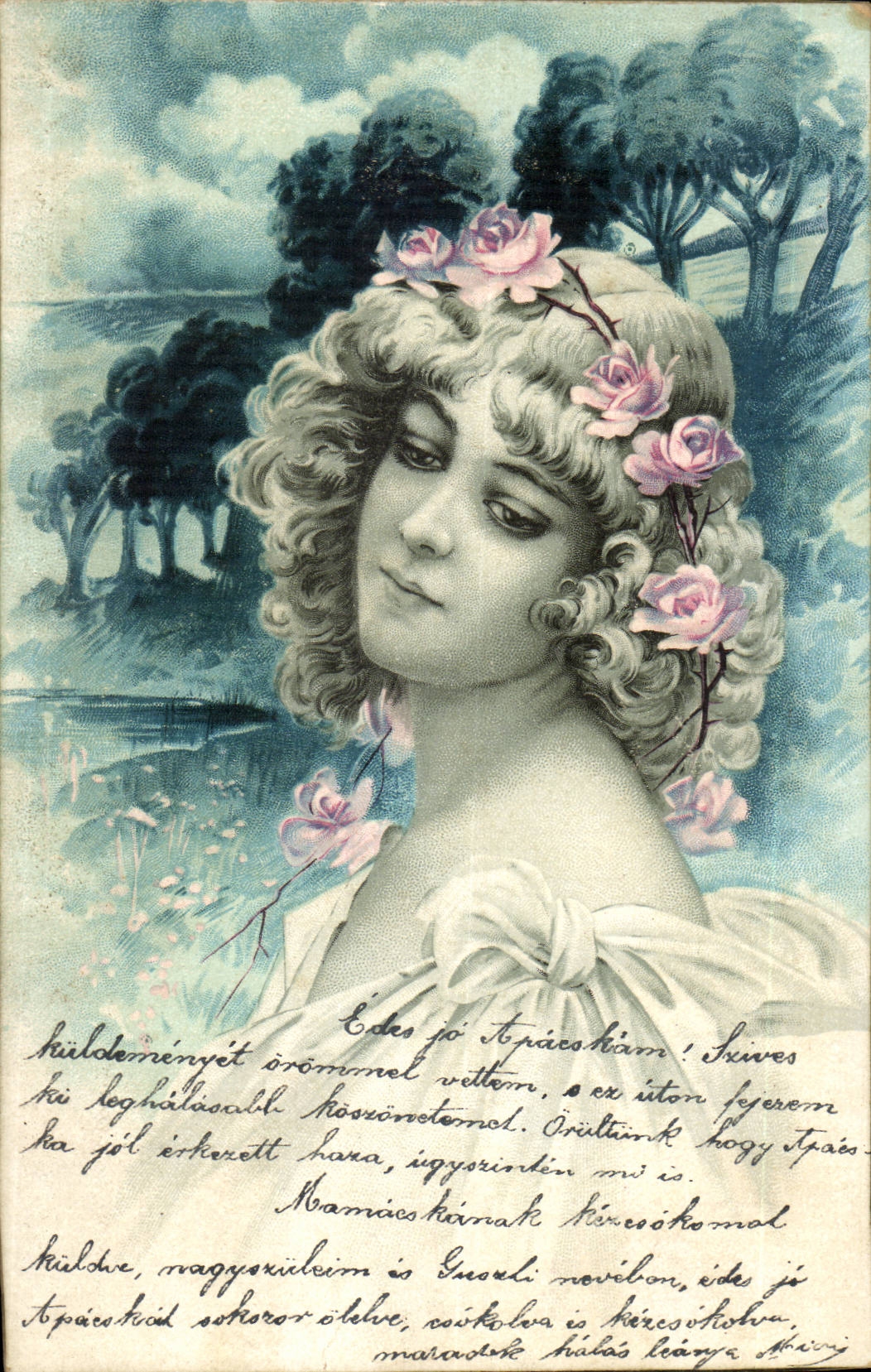 Joven mujer con rosas — tarjeta postal húngara — editor no visible