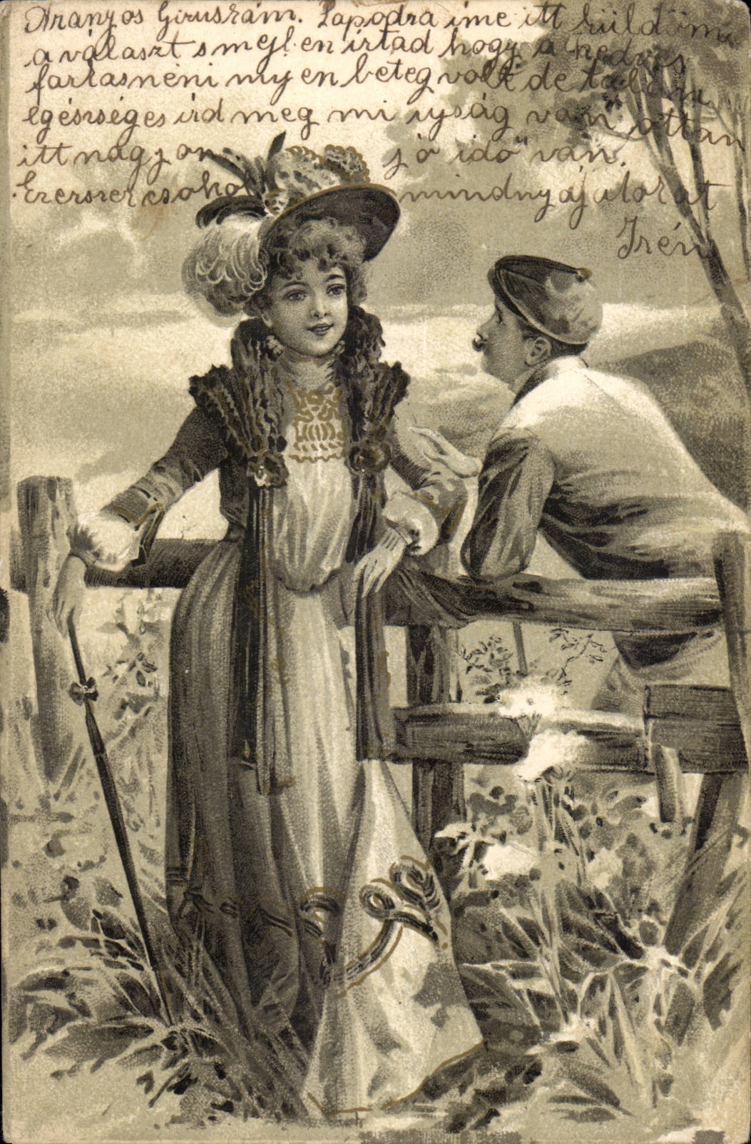 Jeune femme et homme au bord d'un chemin — illustration — éditeur non identifié