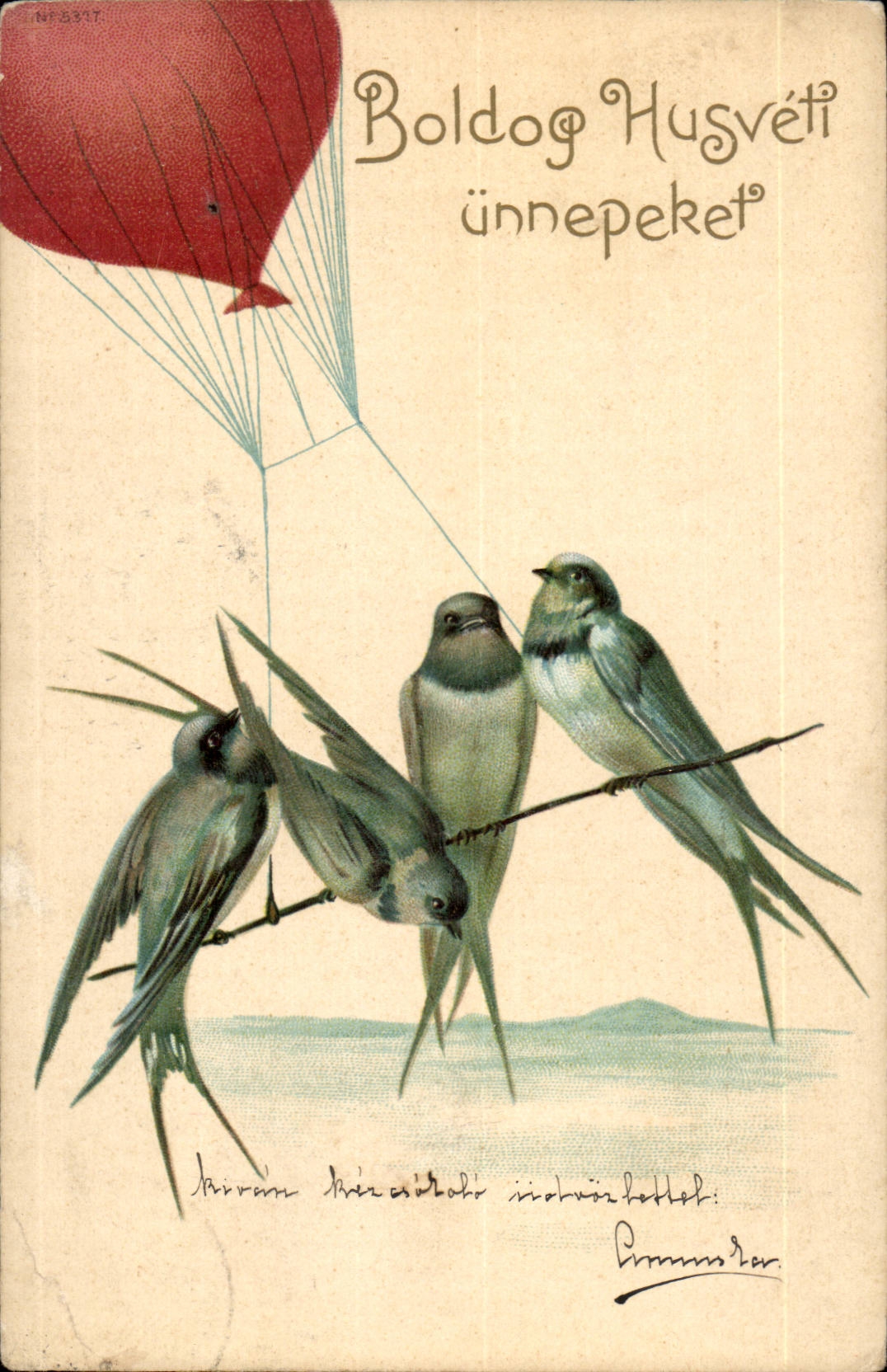 Animaux - Oiseau - Birds and a bright red balloon (carte hongroise Hungary Hongrie) - CPA 