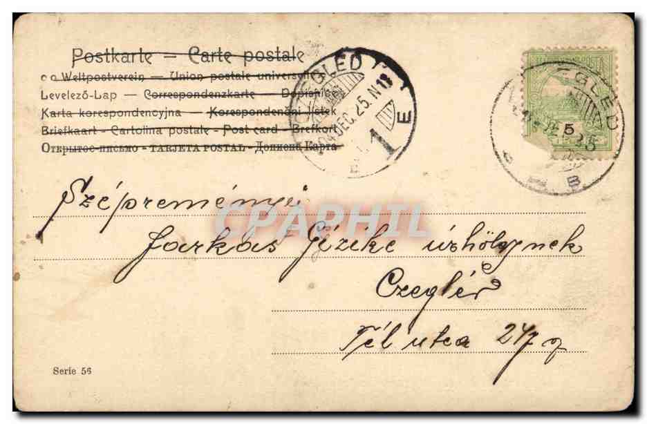 fantaisie - Enfant - Child swinging from unusual tree - Elegant Dress (carte hongroise Hungary Hongrie) - CPA  — Verso
