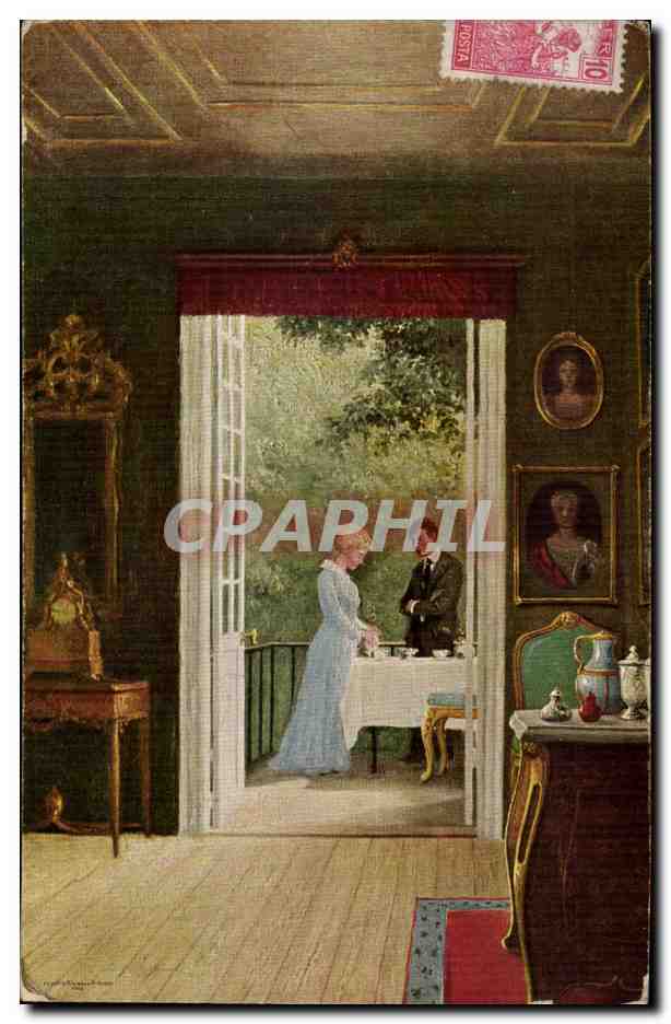 Fantaisie - Couple setting outside table (carte hongroise Hungary Hongrie) - CPA 