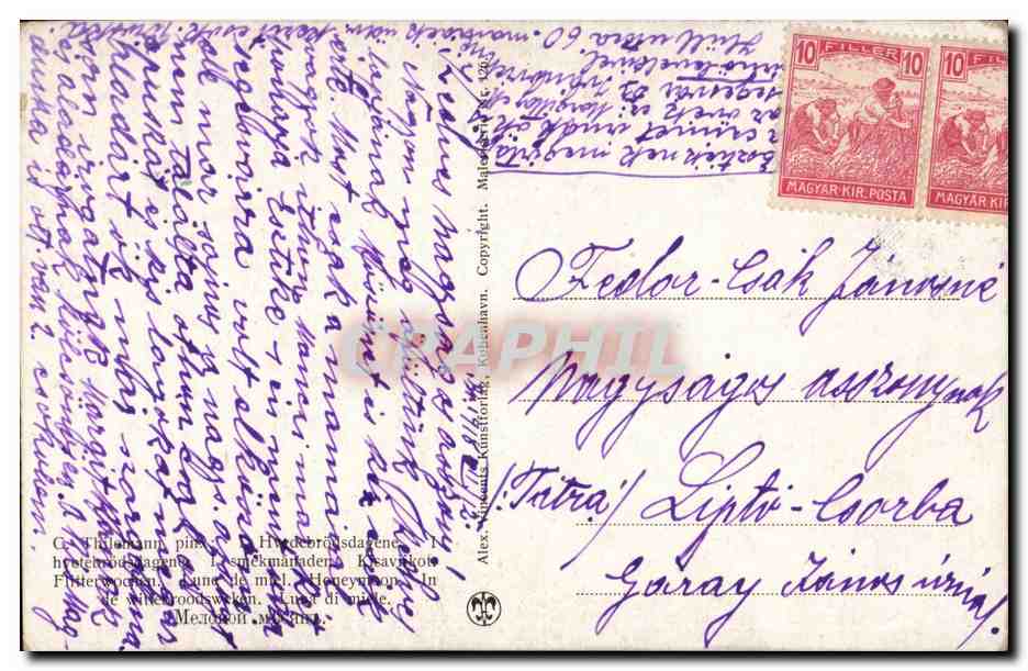 Fantaisie - Couple setting outside table (carte hongroise Hungary Hongrie) - CPA  — Rückseite