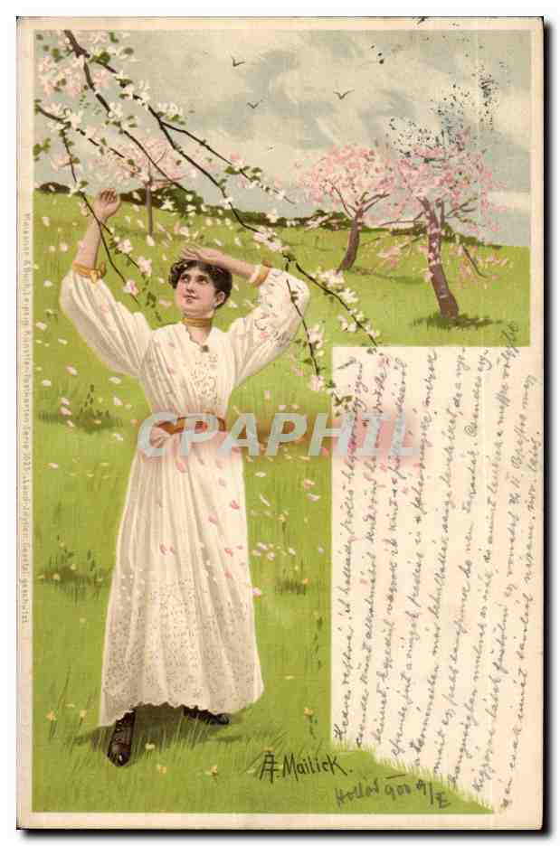 fantaisie - Woman on spring day (carte hongroise Hungary Hongrie) - CPA 