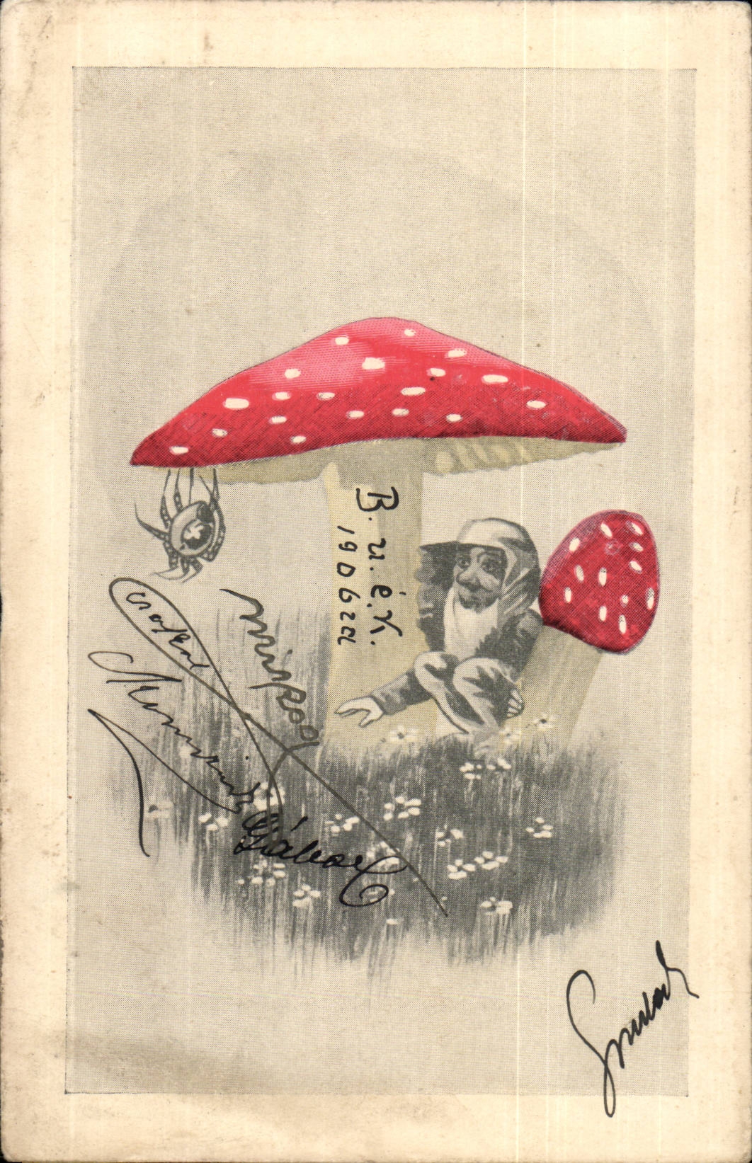 Gnome sous champignon — illustration — éditeur inconnu, n° de série non visible