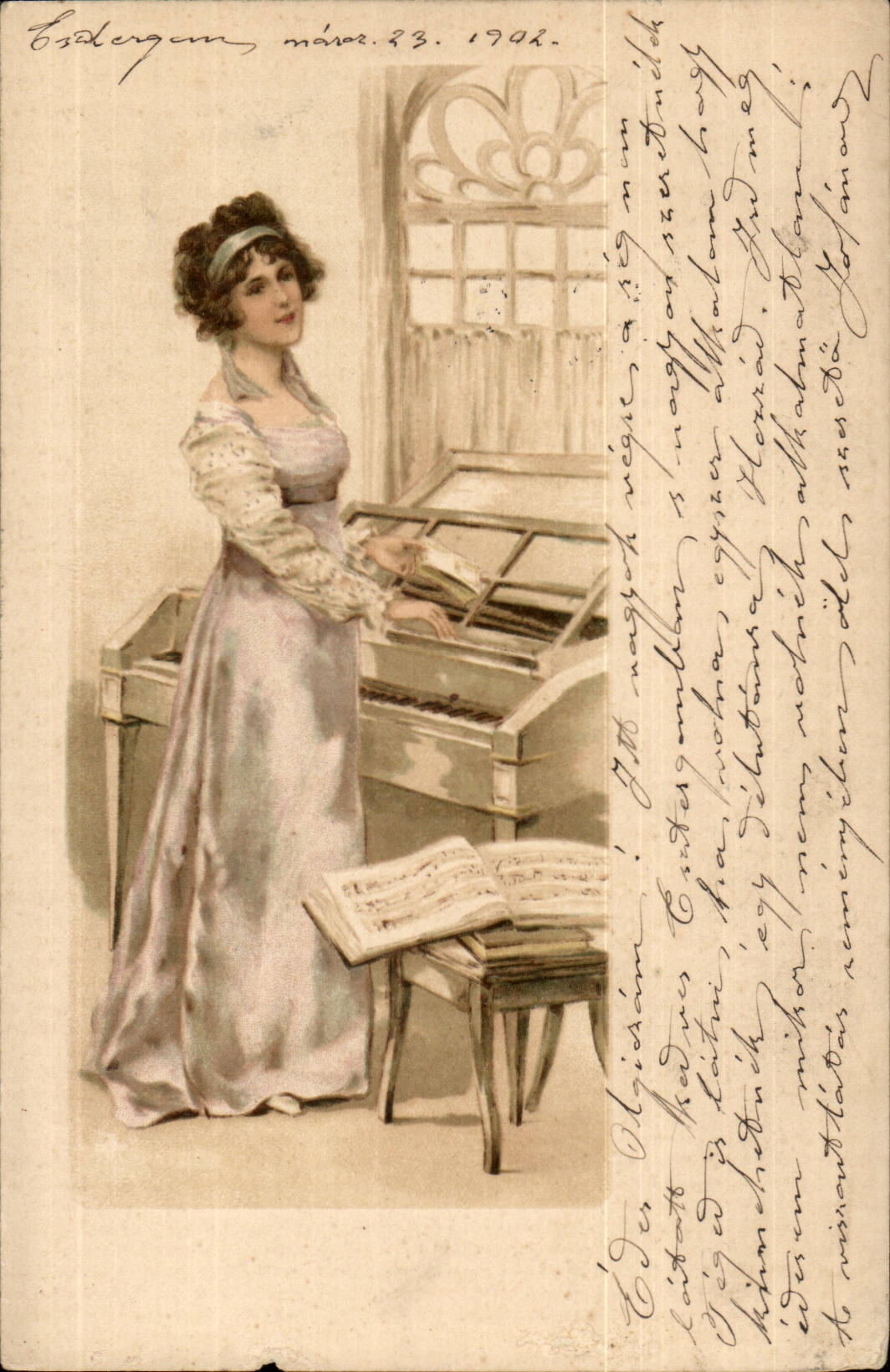 Mujer al piano — Esdergan, 23 de marzo de 1902 — Estampilla de la Unión Postal Universal