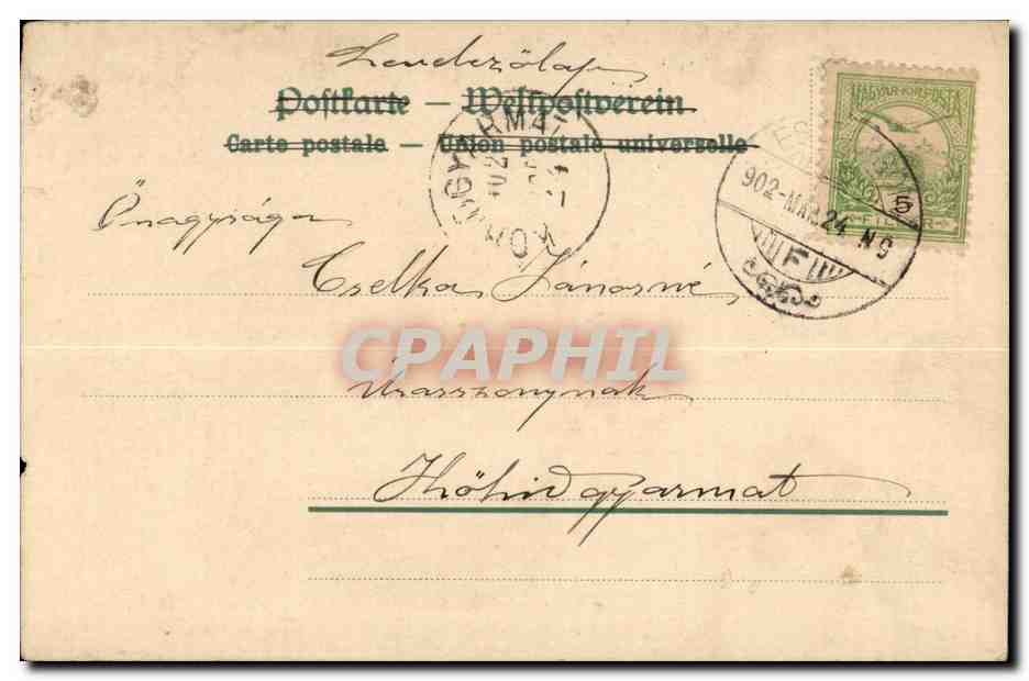Mujer al piano — Esdergan, 23 de marzo de 1902 — Estampilla de la Unión Postal Universal — Reverso