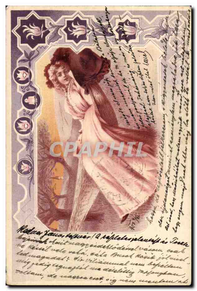 Femme en robe rose et chapeau — carte postale hongroise — éditeur : Levelező-Lap, Solvintea