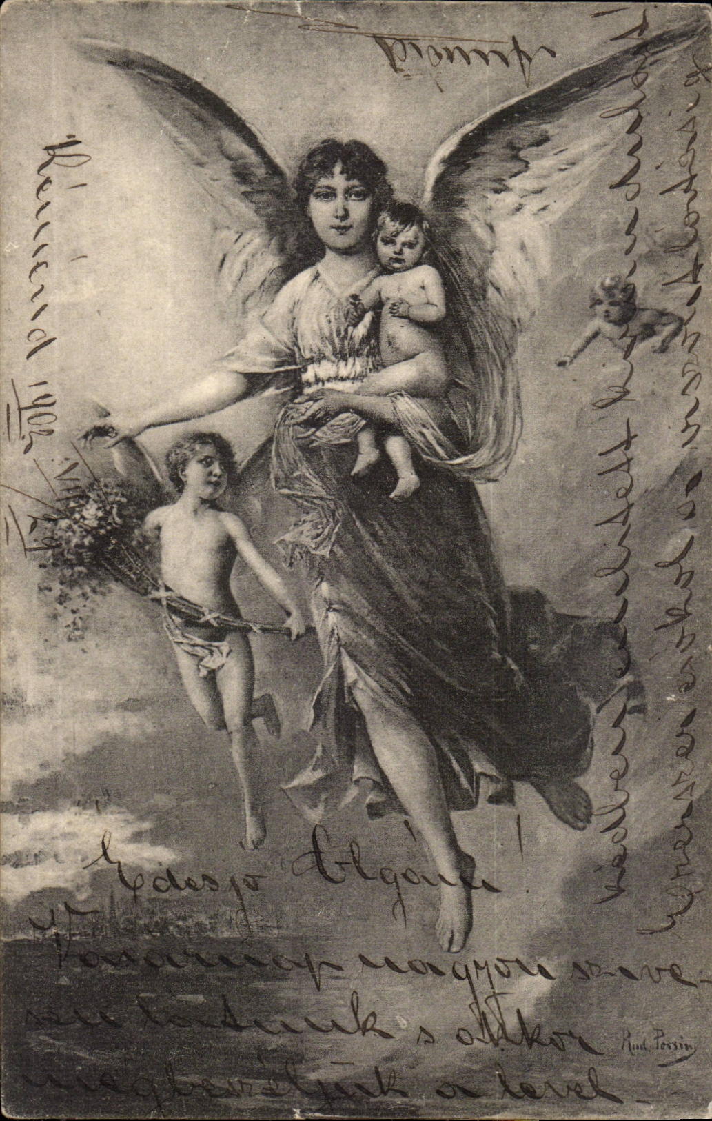 Ange - Angel - Engel - Woman with knowing glance and cherubs CPA (carte hongroise Hongrie Hungary)