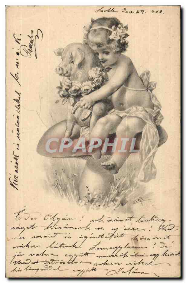 Fantaisie - Bebe - Cochon - Baby hugging a lucky pig CPA (carte hongroise Hongrie Hungary)