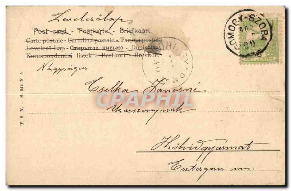 Fantaisie - Bebe - Cochon - Baby hugging a lucky pig CPA (carte hongroise Hongrie Hungary) — Rückseite