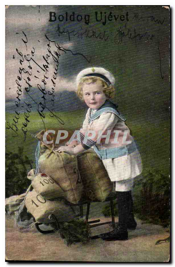Fantaisie - Enfant - Child with sled and bulging sacks - Boldog Ujevet CPA (carte hongroise Hongrie Hungar