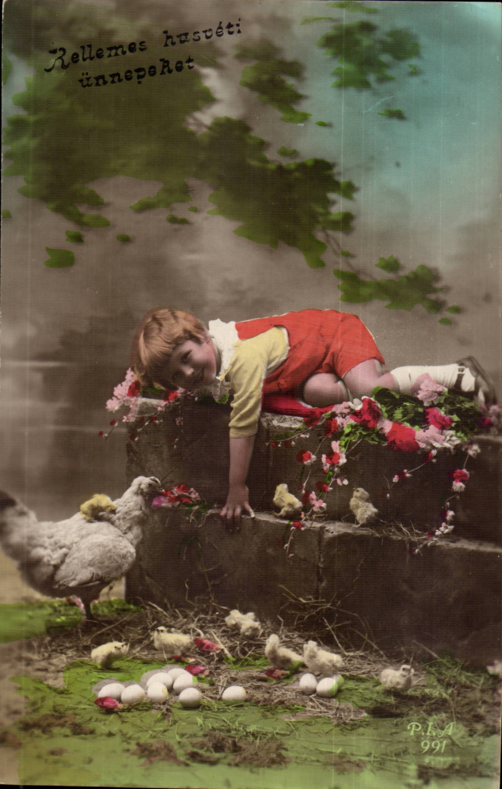 Fantaisie - Enfant - Pacques - Oeufs - Happy child on Easter CPA (carte hongroise Hongrie Hungary)
