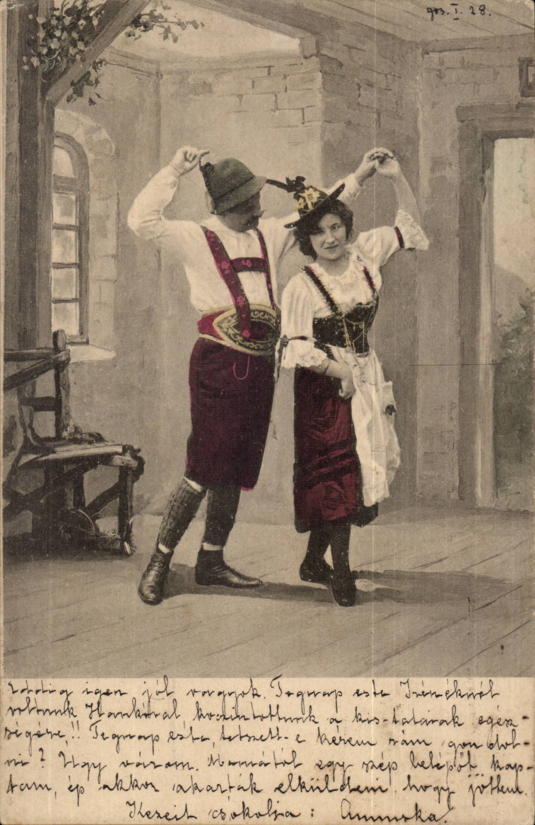 Fantaisie - Couple - lederhosen - German costume CPA (carte hongroise Hongrie Hungary)