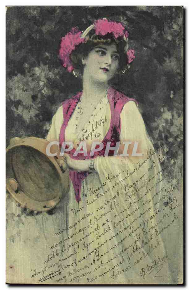 Jeune femme en robe rose tenant un tambourin — illustration — éditeur non identifié