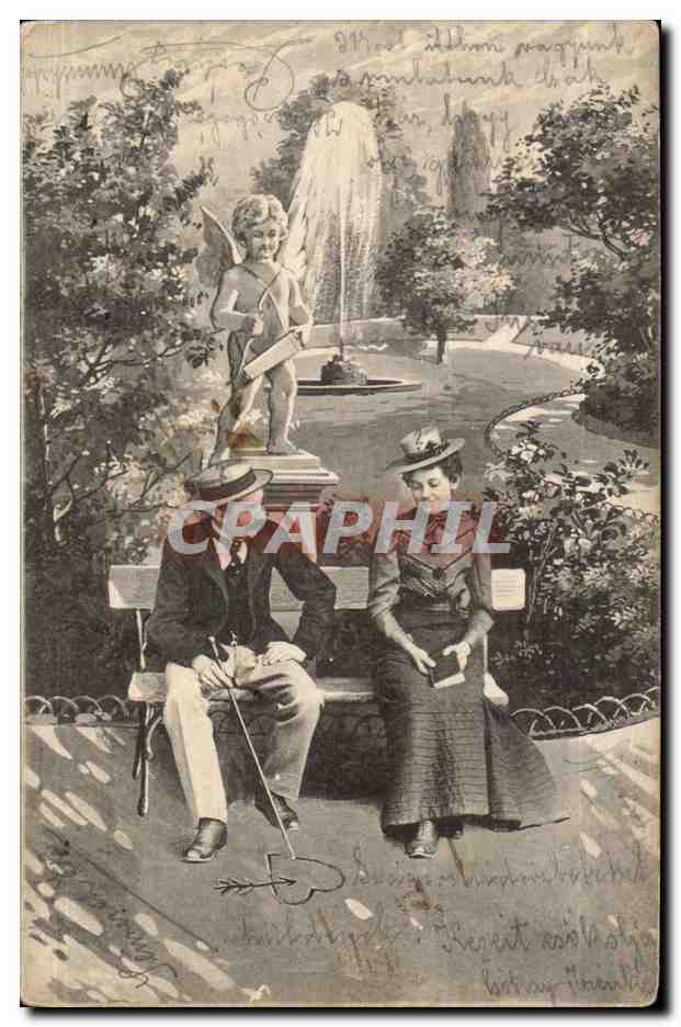 Fantaisie - Couple flirting in Park - cupid (carte hongroise Hungary Hongrie) - CPA 