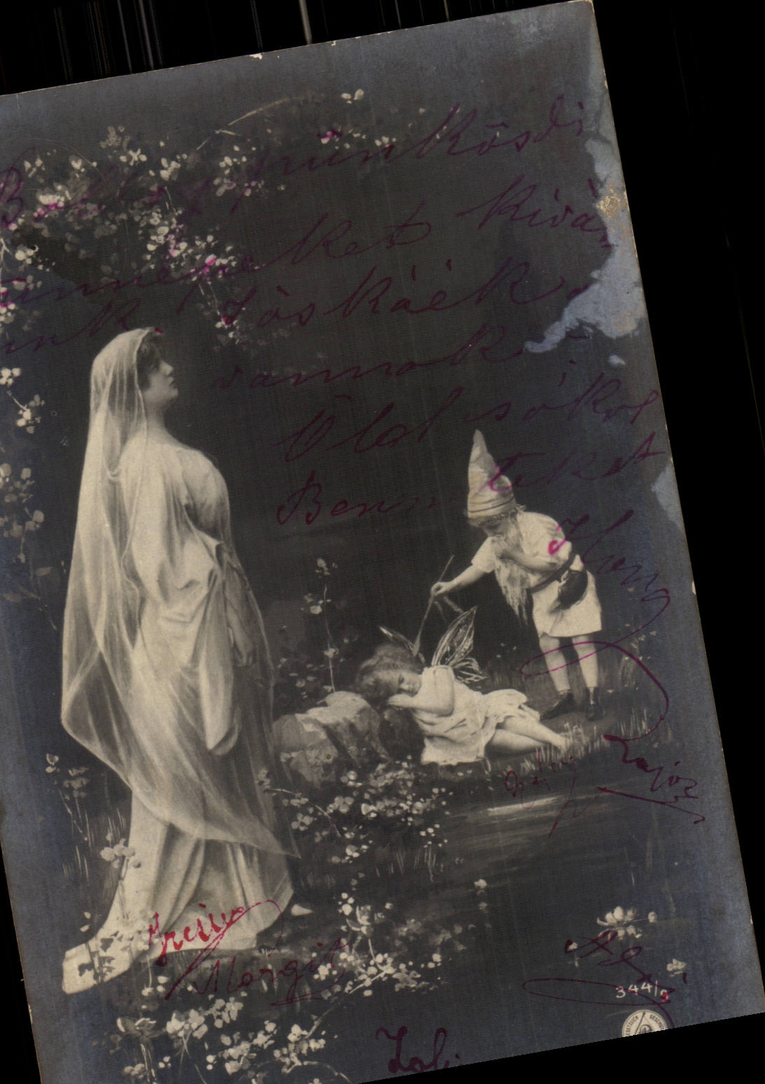 Fantaisie - Femme - Woman with long veil and gnome (carte hongroise Hungary Hongrie) - CPA 