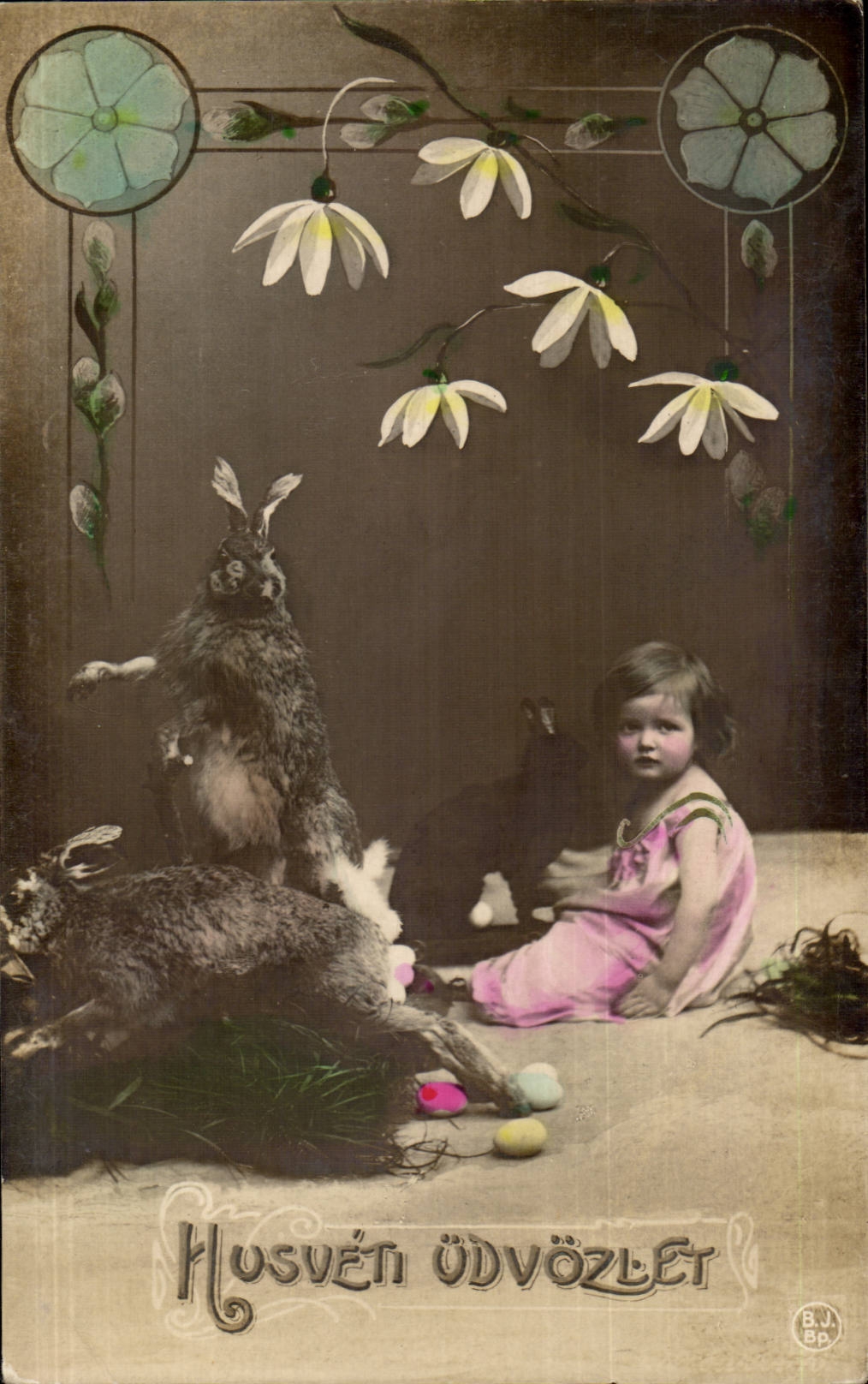 Fetes - Paques - Easter - Ostern Lapin - Easter Bunny and adorable child CPA (carte hongroise Hungary Hongrie)