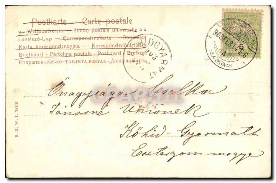 Fantaisie - Couple and flirtatious kiss - (carte hongroise Hungary Hongrie) CPA  — Rückseite