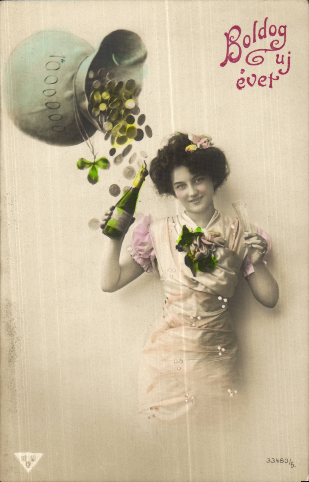 Femme tenant une bouteille de champagne — souhait de bonne année — éditeur BLO, n° 33480/6
