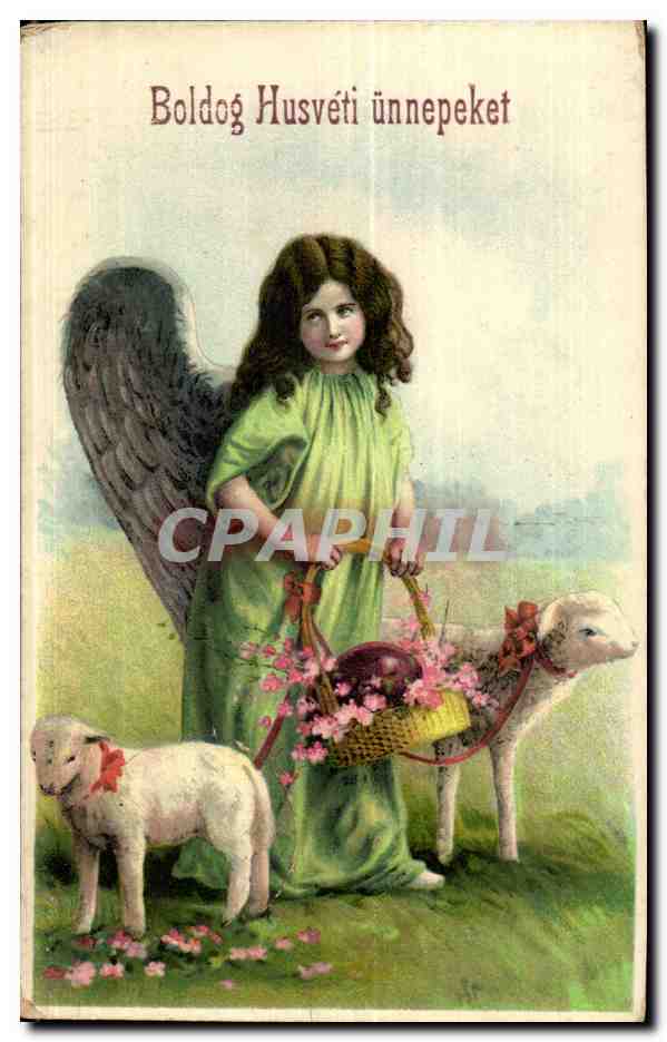Fantaisie - Child Angel with feathered wings and sheep Mouton (carte hongroise Hungary Hongrie)- CPA 