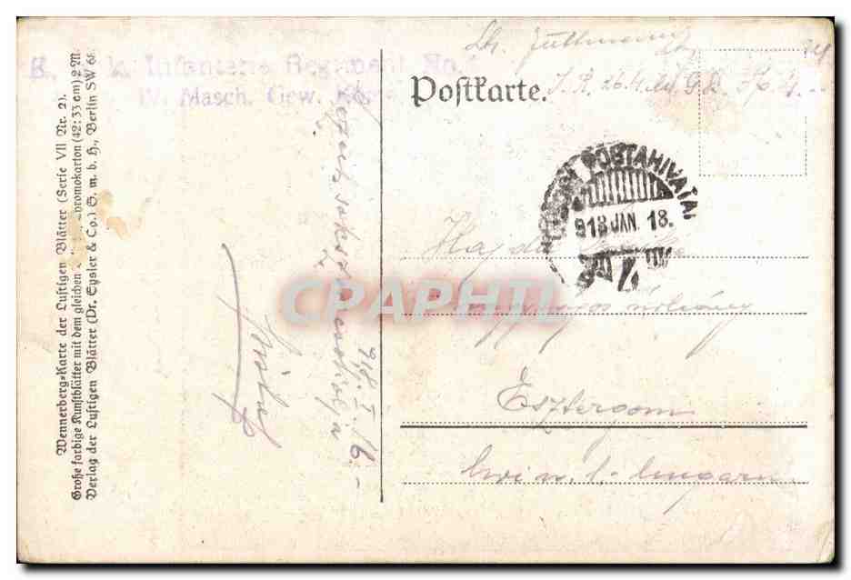 Fantaisie - Femme et Soldat - Militaria - Ilustration (carte hongroise Hungary Hongrie)- CPA  — Verso