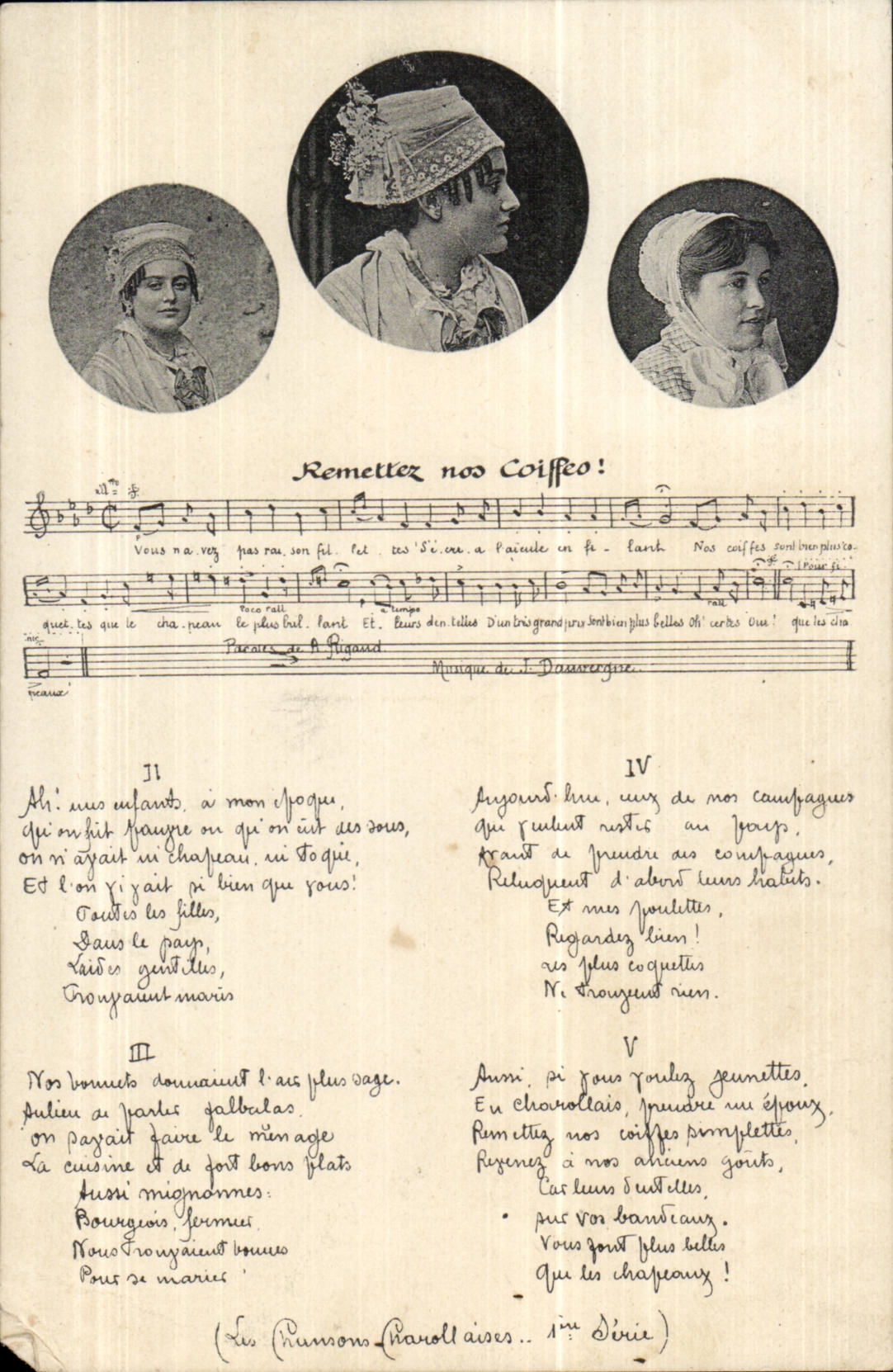 Fantaisie - Folkore - Remettez nos Coiffes - Chanson - Musique CPA 