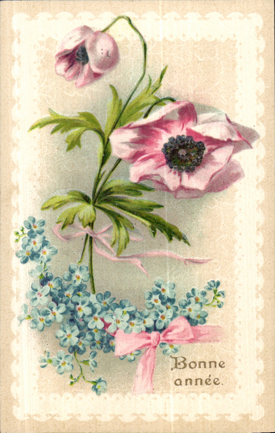 Fleurs roses et bleues — Bonne année — Carte postale multilingue éditée par Carte postale – Postkarte