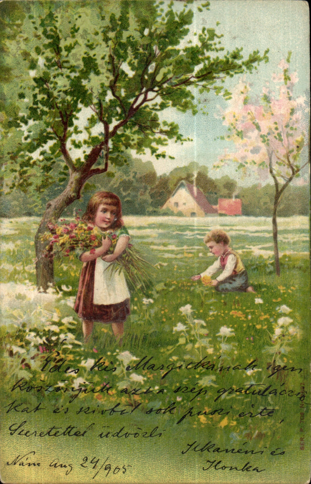Fantaisie - Enfant - Girl with bulging bouquet of flowers CPA 