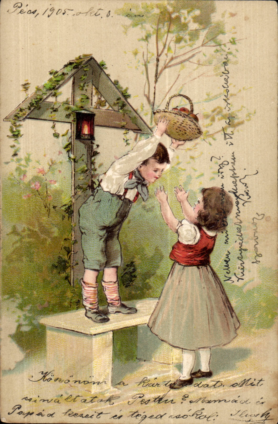 Enfant et fille près d'un poteau à fruits — Pécs, 1905 — série 5084