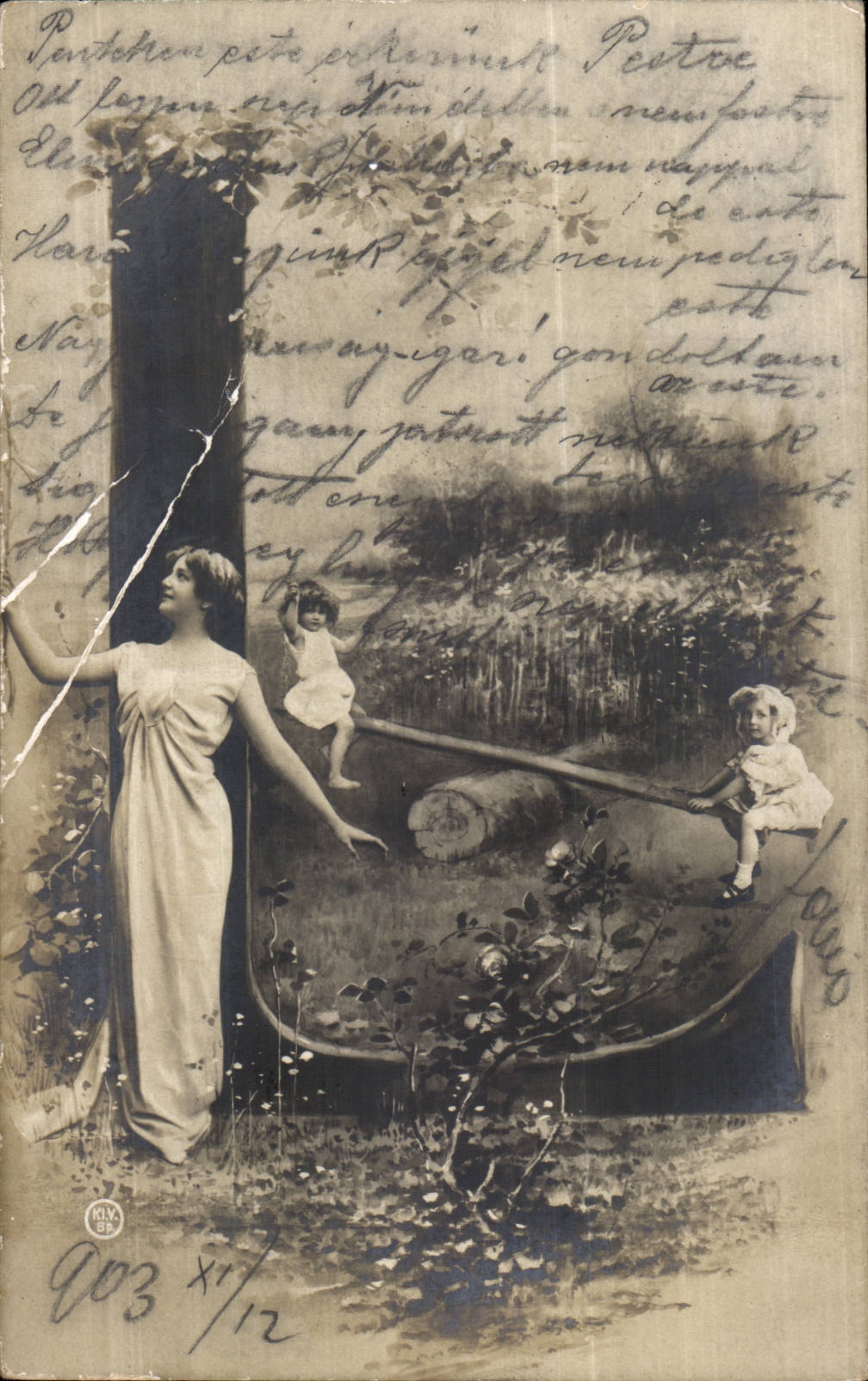 Fantaisie - Femme -Woman in toga - children on see saw (carte hongroise Hungary Hongrie) CPA 