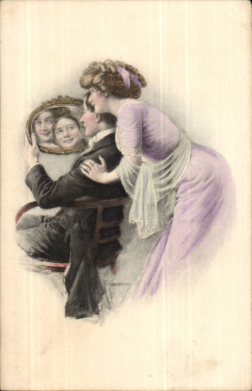 Fantaisie - Couple - Loving couple gazing in mirror (carte hongroise Hungary Hongrie) CPA 