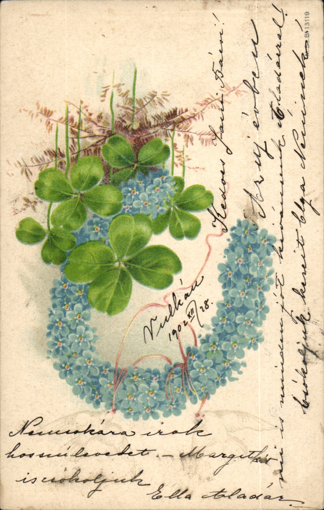Fleurs - Flowers - trefle - four leaf clover and lilac - (carte hongroise Hungary Hongrie) - CPA 