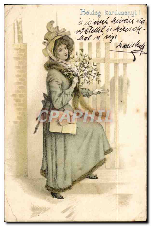 Femme en manteau à col fourrure tenant un bouquet — Karácsony — éditeur non visible