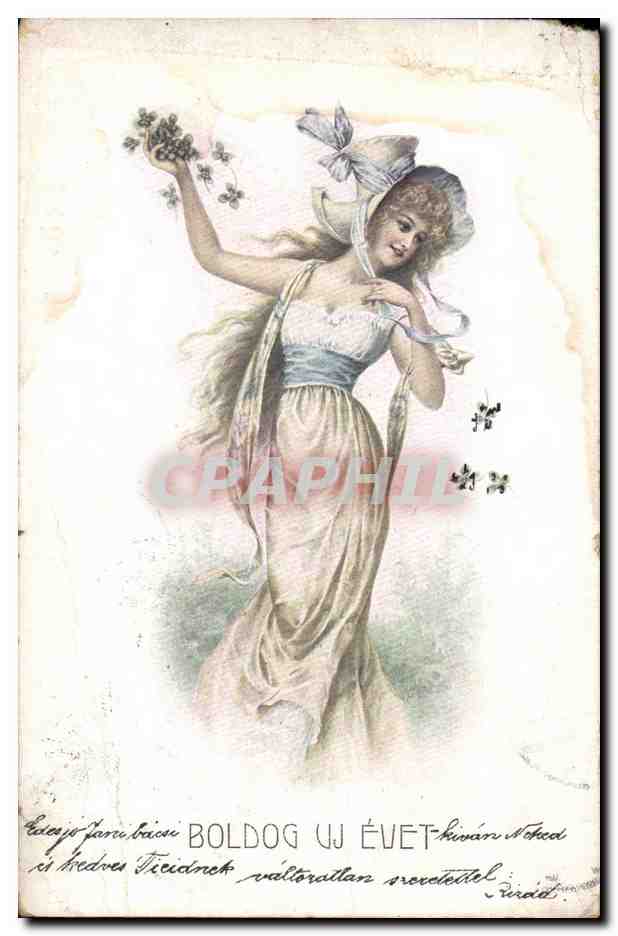 Fantaisie - lovely woman frolicing with clover - (carte hongroise Hungary Hongrie) -CPA