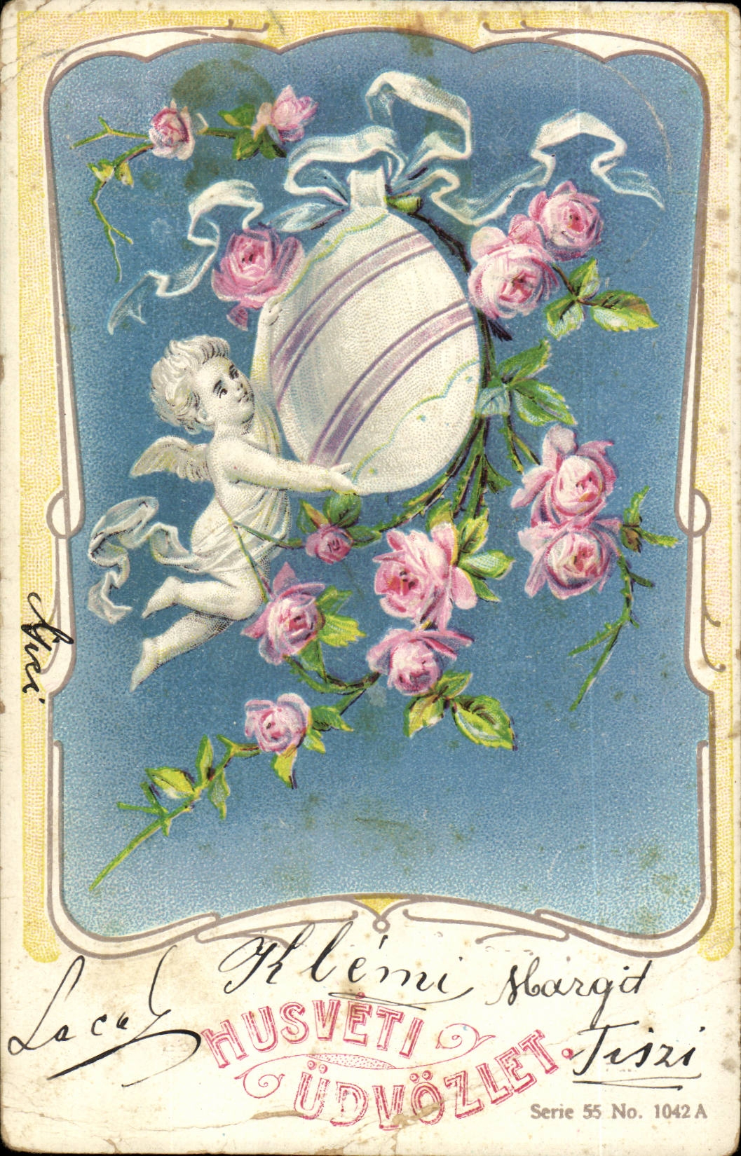 Fetes - Pacques - Easter - Ostern - Angel flying with easter egg - roses (carte hongroise Hungary Hongrie) -CPA 