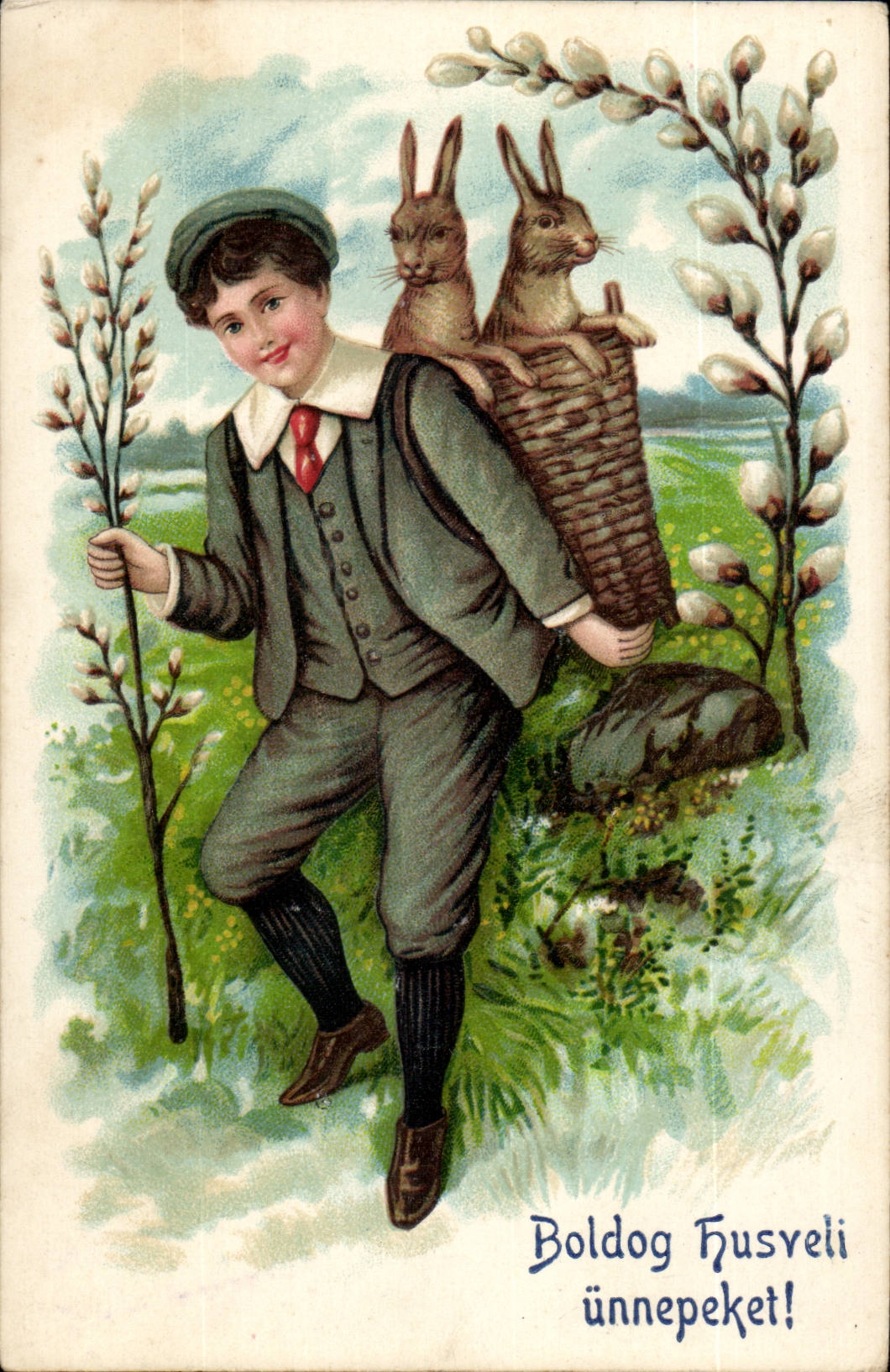 Fantaisie - Enfant - Sweet little boy with basket of rabbits - lapin - (carte hongroise Hungary Hongrie) -CPA 