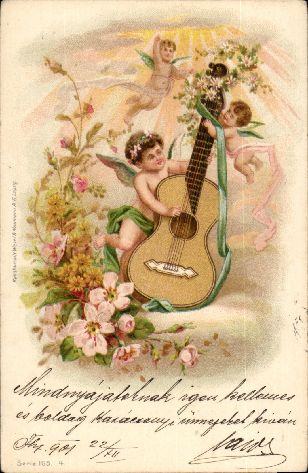 Ange - Engel - Angel strummin on large guitar Guitare (carte hongroise Hungary Hongrie) -CPA 