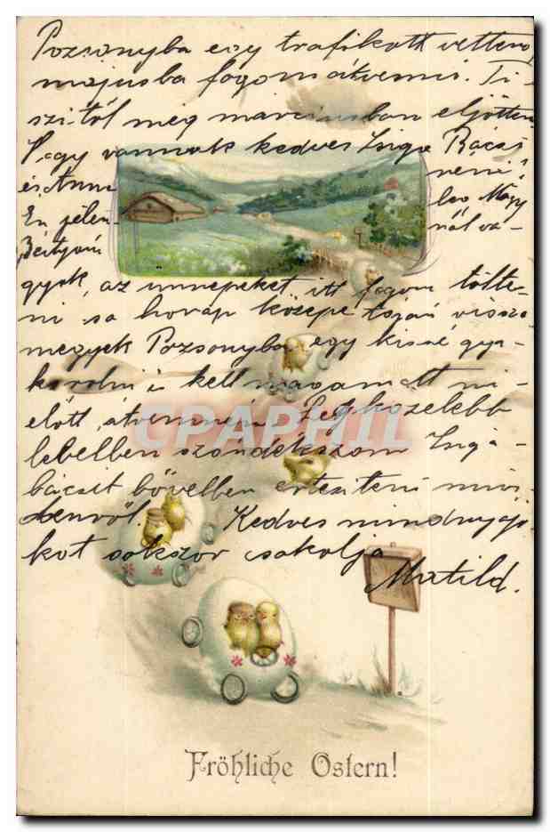 Pozsonyba egy trafikból vettetlen magjába fogyasztottak. — Illustration de paysage et de lapins dans des landaus — Fröhliche Ostern! — Éditeur non visible, n° de série non visible
