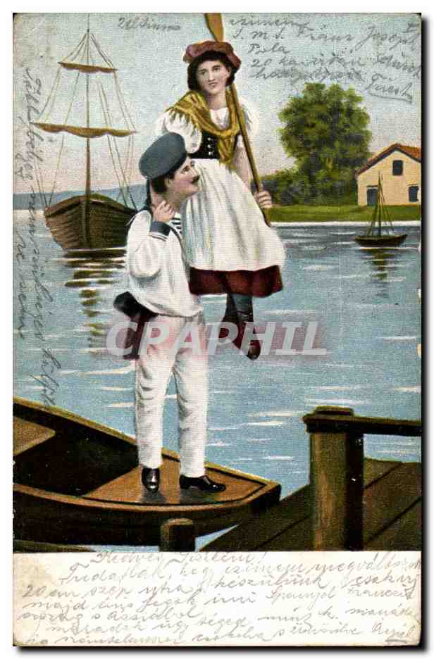 Fantaisie - Couple - Woman perched on lovers shoulder sea - bateau (carte hongroise Hungary Hongrie) -CPA 