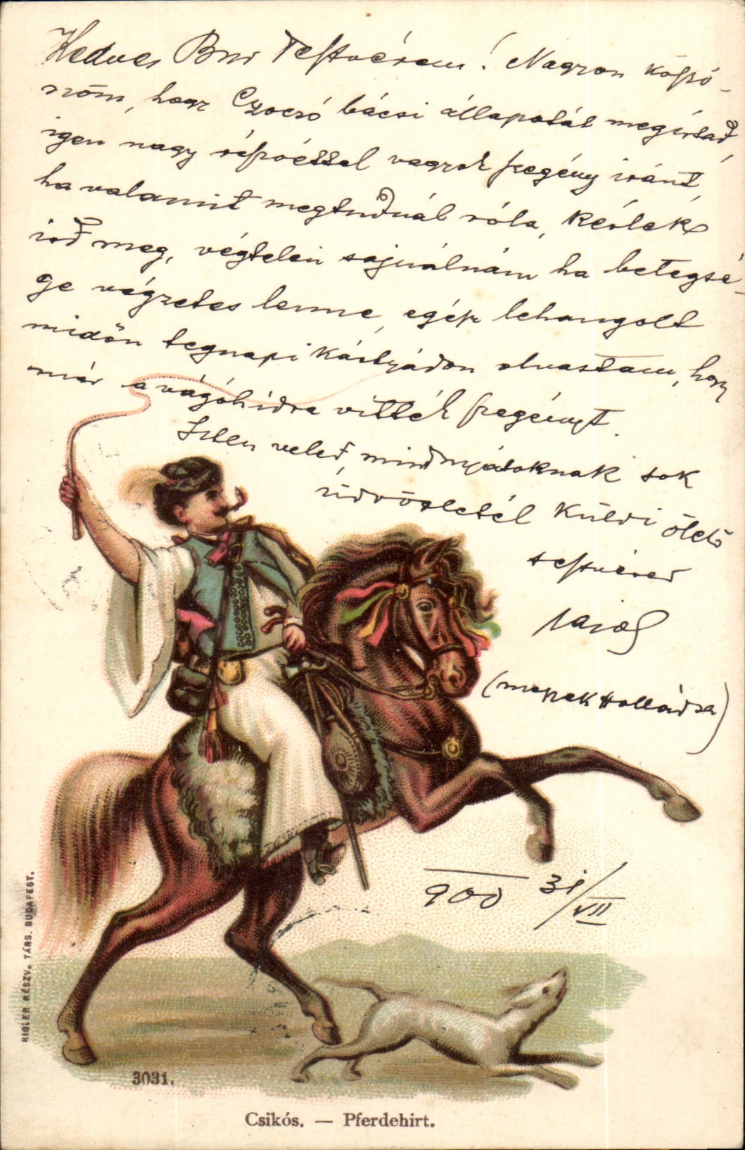 Animaux - Grand hunter with whip mounted on horse - cheval (carte hongroise Hungary Hongrie) -CPA 