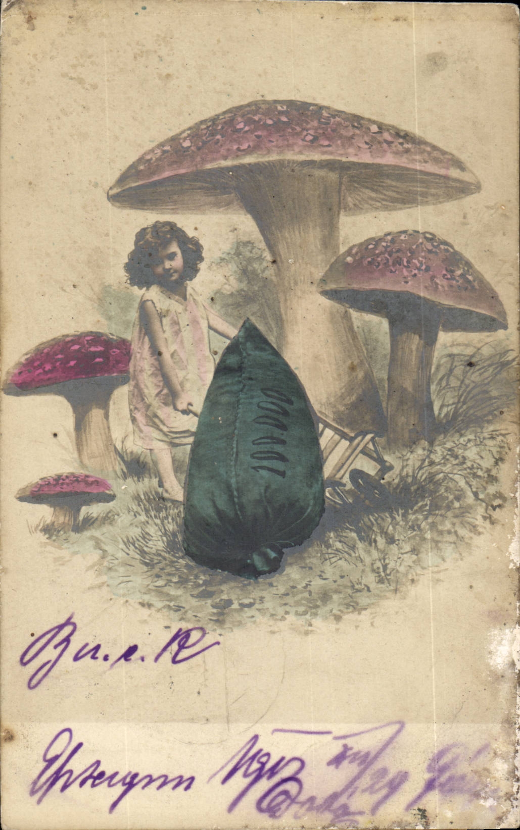 Fantaisie - Enfant - Child under a mushroom cap - champignon (carte hongroise Hungary Hongrie) -CPA 