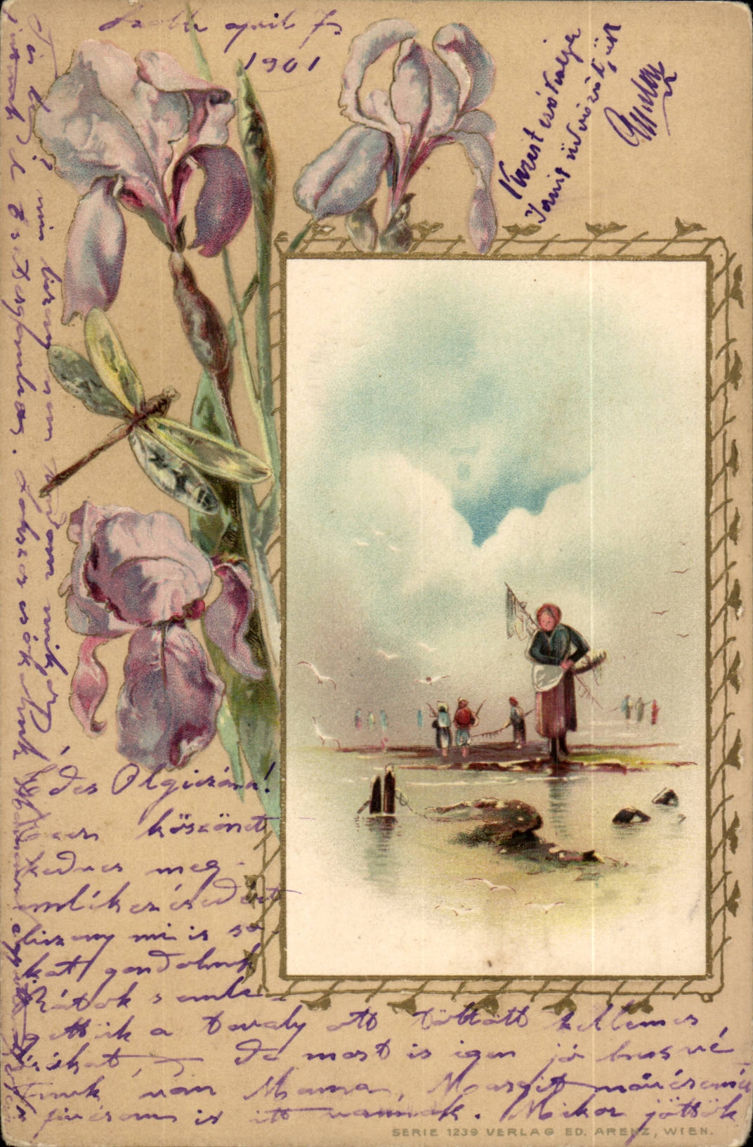Pêcheur sur un quai — scène maritime — Verlag Ed. Arenz, Wien, série 1239