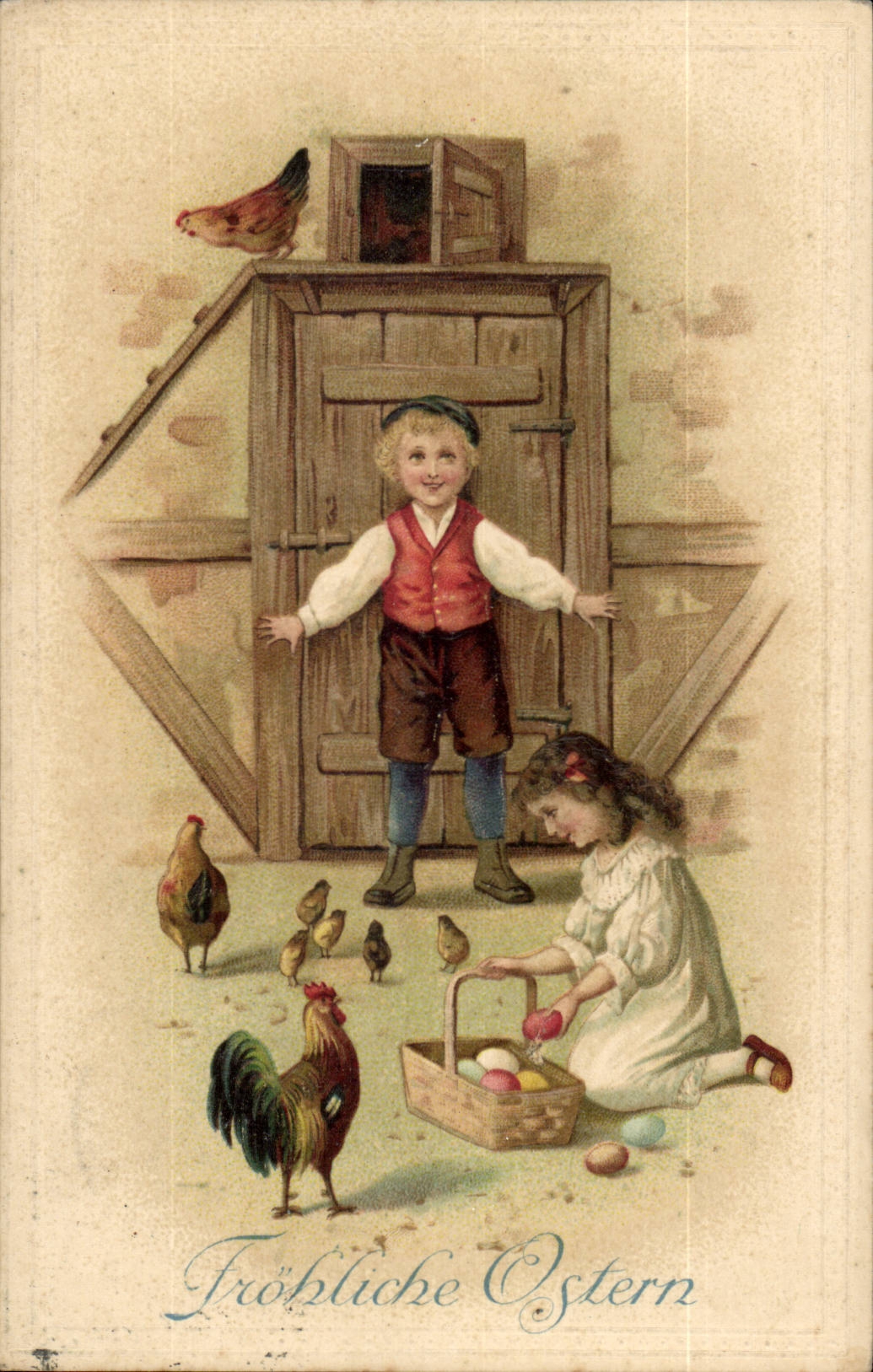 Fantaisie - Enfants - Children feeding chickens - poulet (carte hongroise Hungary Hongrie) -CPA 