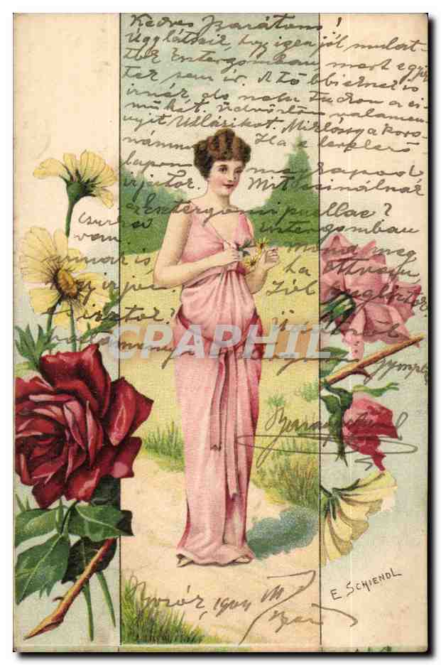 Femme en robe rose — décor de roses — éditeur E. Schienol
