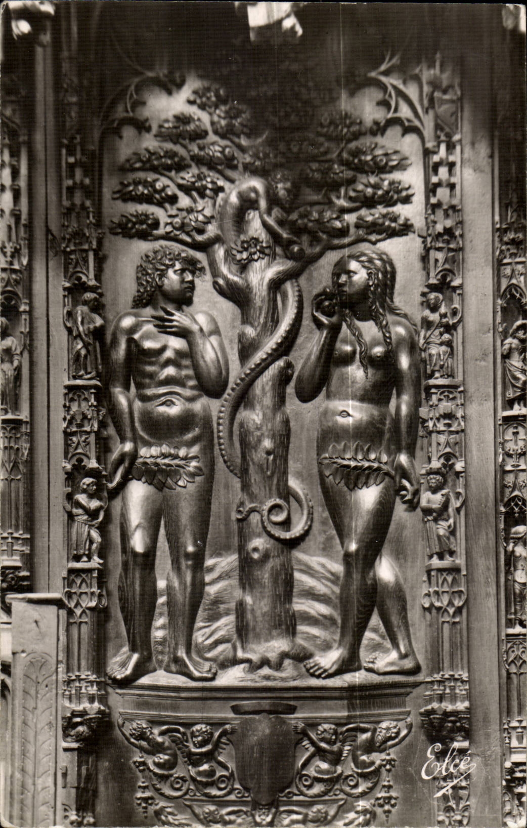 Adam et Ève au Paradis Terrestre — Statues en bois sculpté du XVIe siècle — L. Chatagneau, Bordeaux