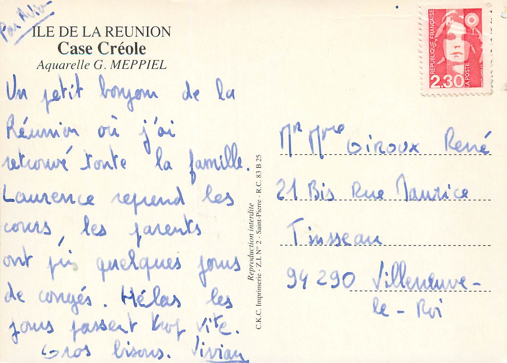 CPM Ile de la Reunion Case Creole Aquarelle G Meppiel  — Back