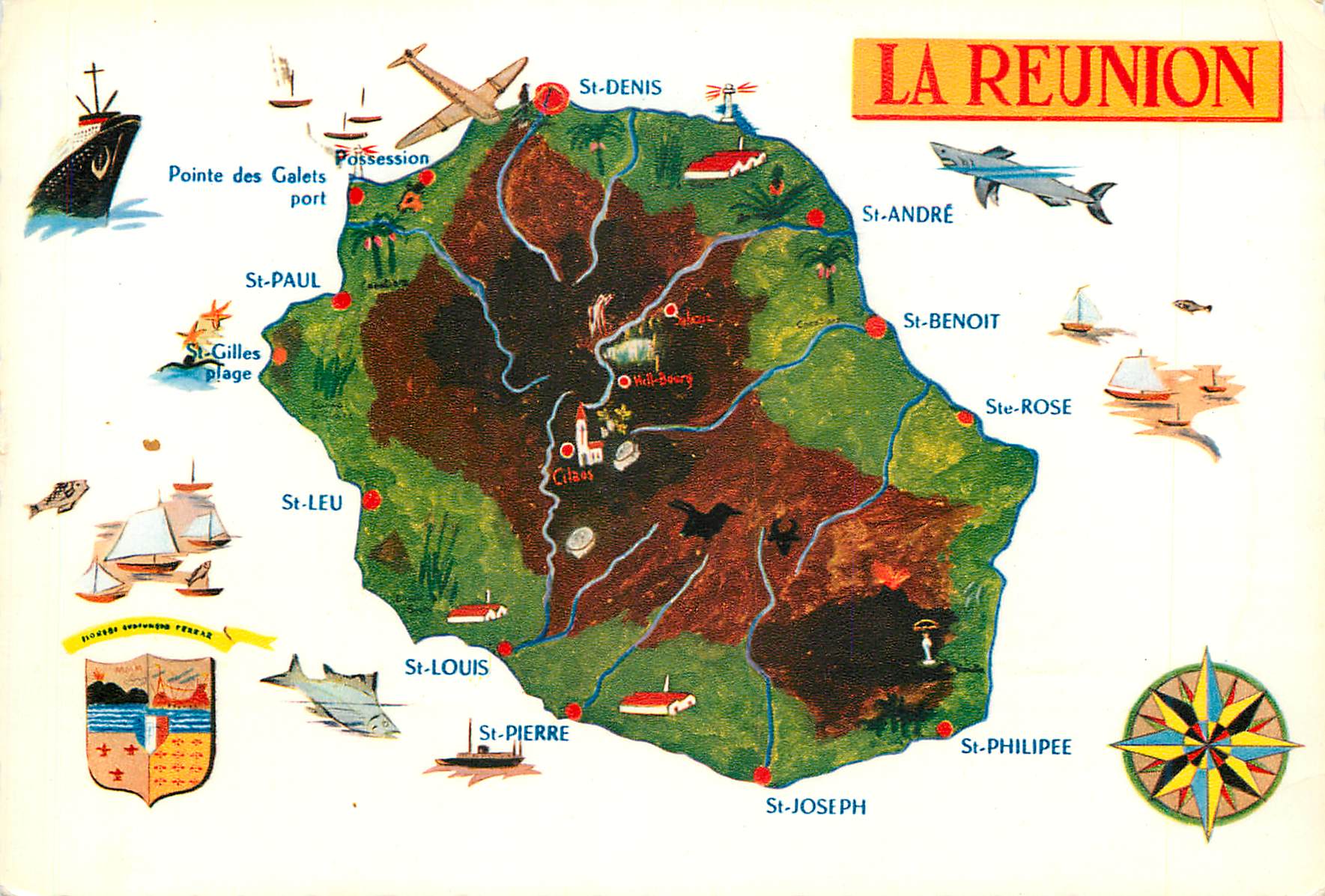 CPM La Reunion Requin Avion Bateau Poisson