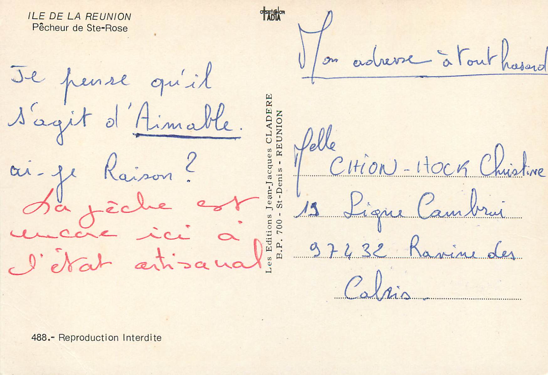 CPM Ile de la Reunion Pecheur de Ste Rose  — Rückseite