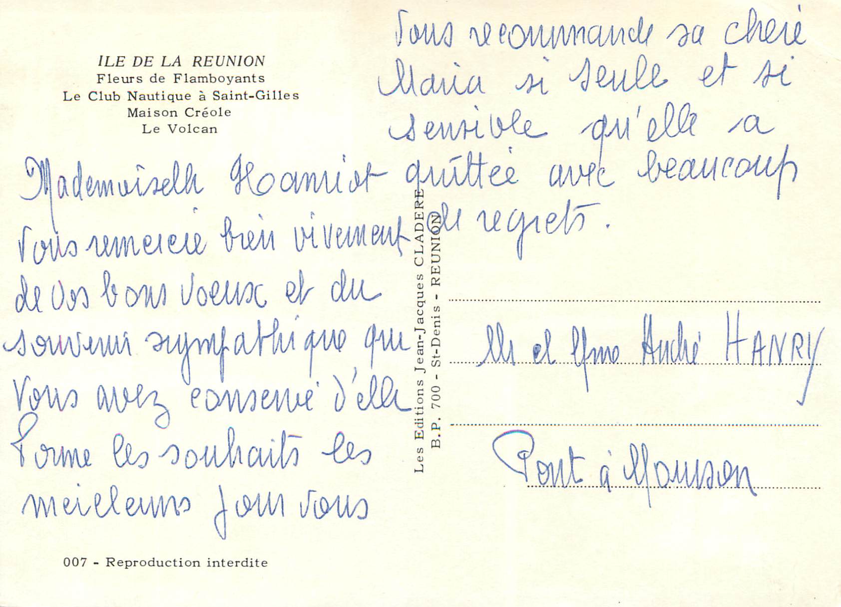 CPM Ile de la Reunion Fleurs de flamboyants le club nautique a Saint Gilles Maison Creole  — Rückseite