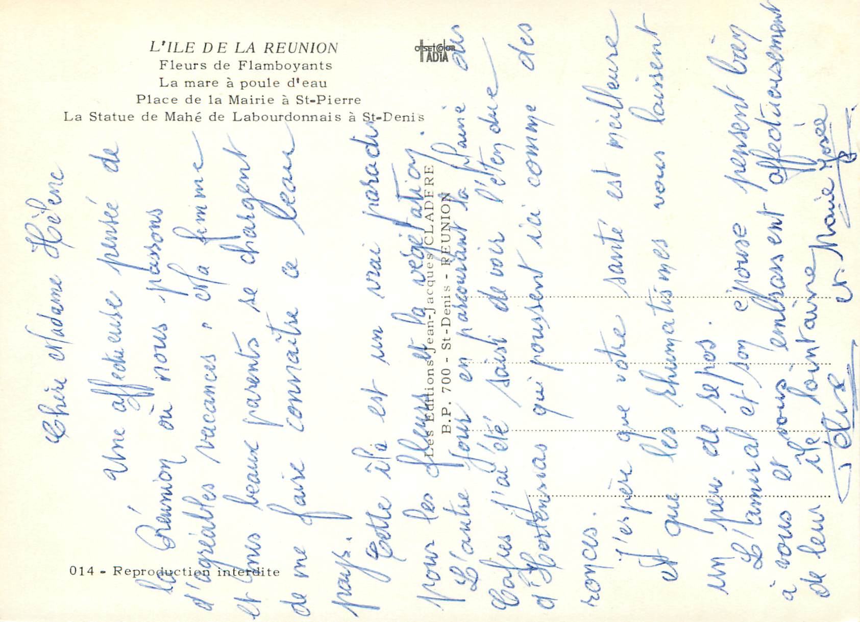CPM L Ile de la Reunion Fleurs de Flamboyants La mare a poule d eau  — Rückseite